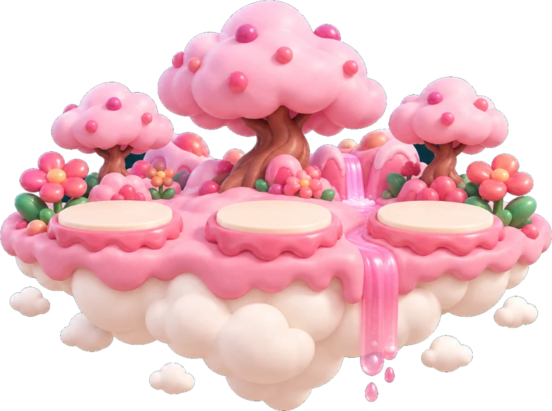Pink candy island with a frosting waterfall