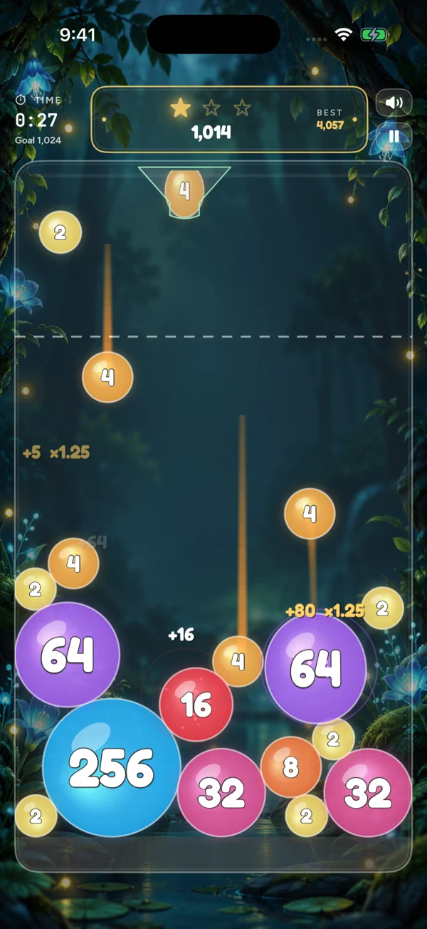 Real Bouncera gameplay in the forest, with numbered balls merging in the board