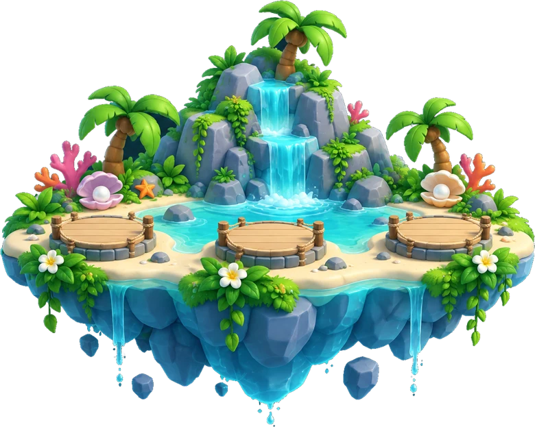 Tropical floating island with turquoise waterfalls