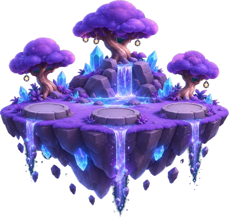 Purple crystal island with glowing waterfalls